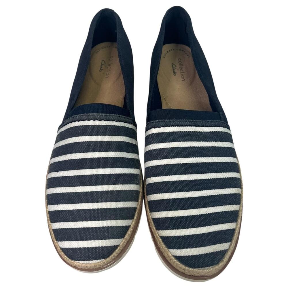 Clarks Shoes Womens 8.5 Blue White Striped Espadrille Slip On Comfort Nautical - Picture 9 of 11